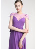 Cap Sleeves Purple Chiffon Sheer Back Unique Evening Dress